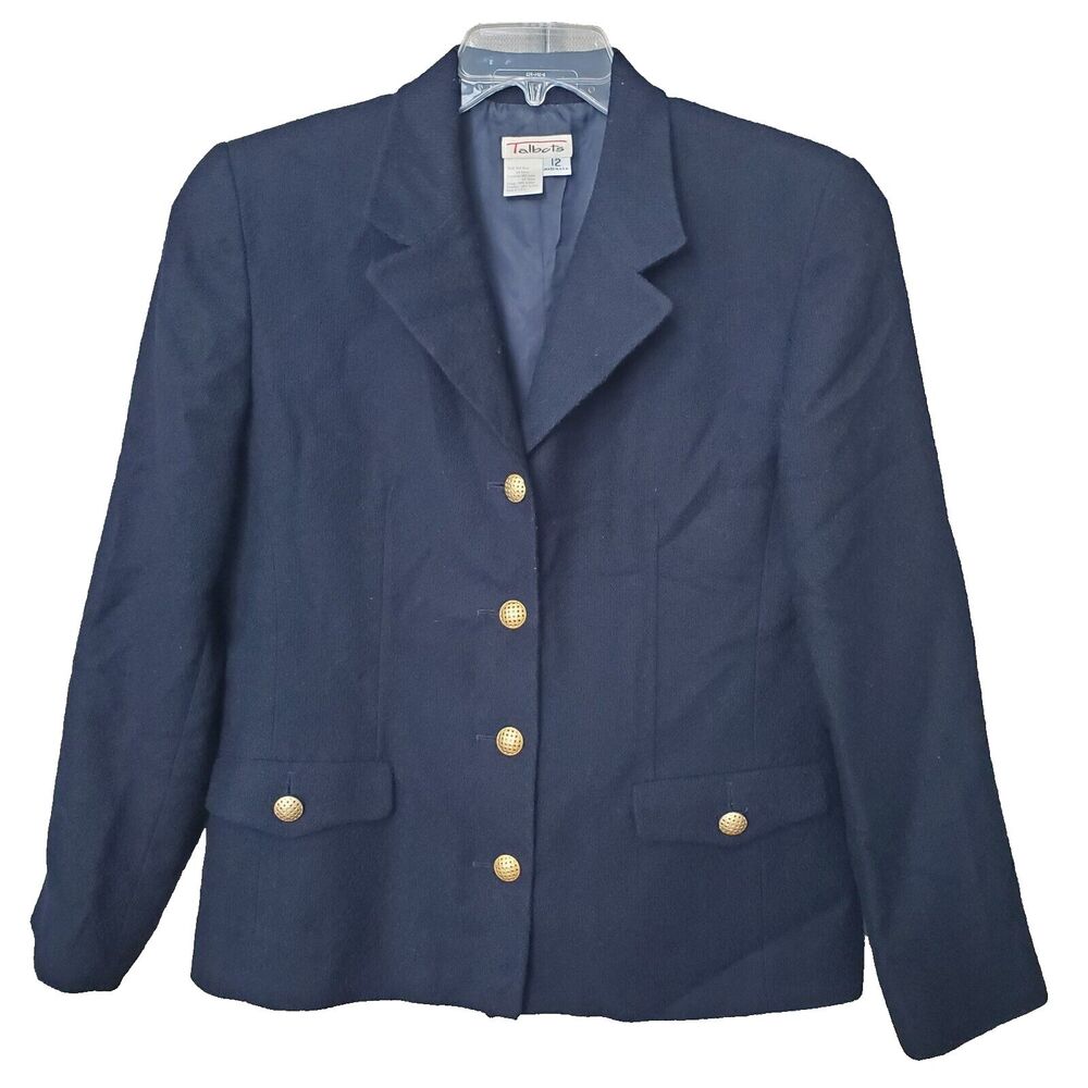 Talbots Navy Wool Blend Button-Up Blazer w/Gold Button Detail Size 12 Vintage